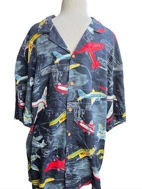 Paradise Found Men's XL Aloha Shirt Airplane Aviation Hawaiian Seaplane Vtg EUC